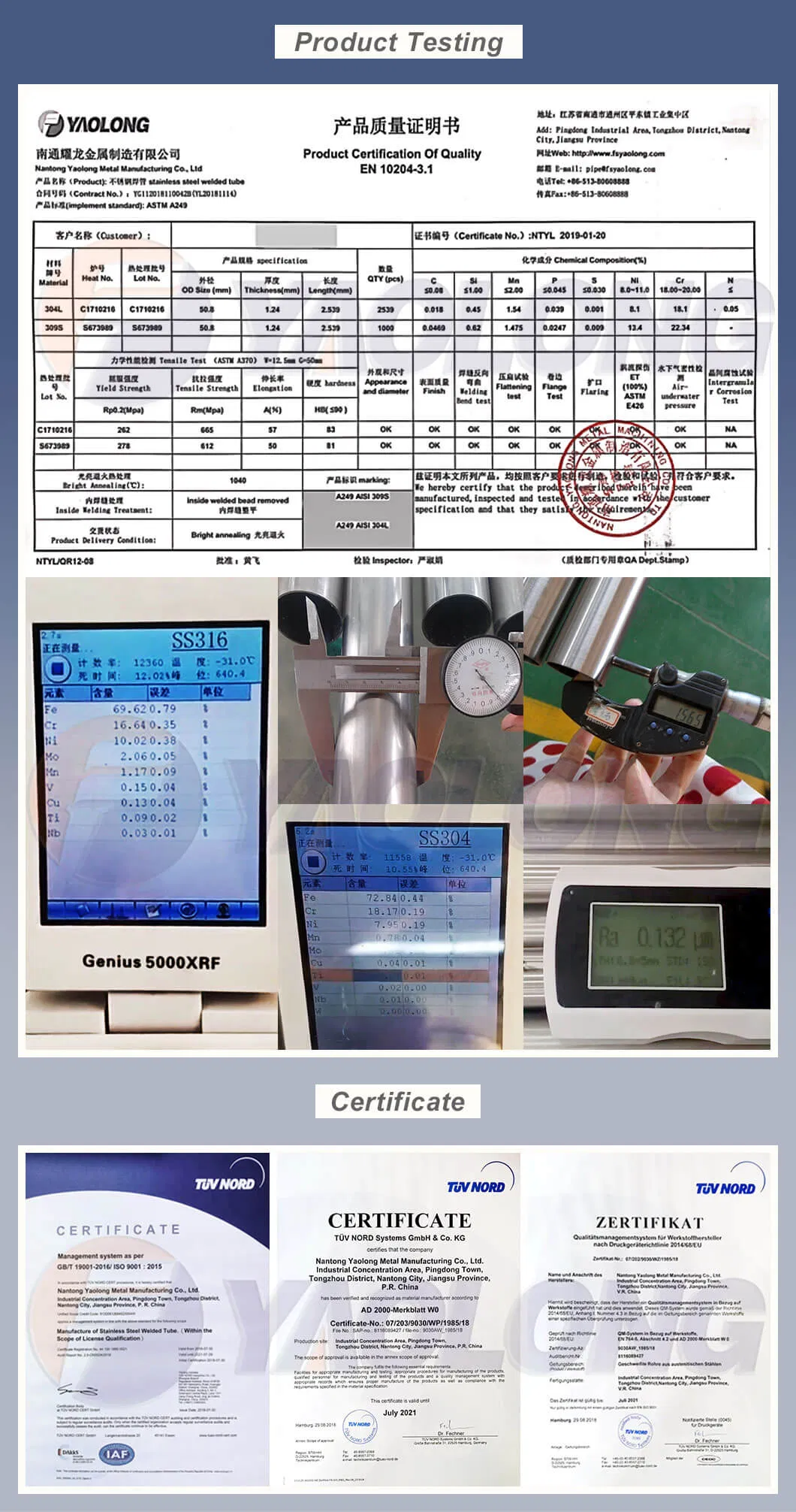 Pickled 324mm to 2000mm Dia 304 304L 316 316L Ss Welded Pipe